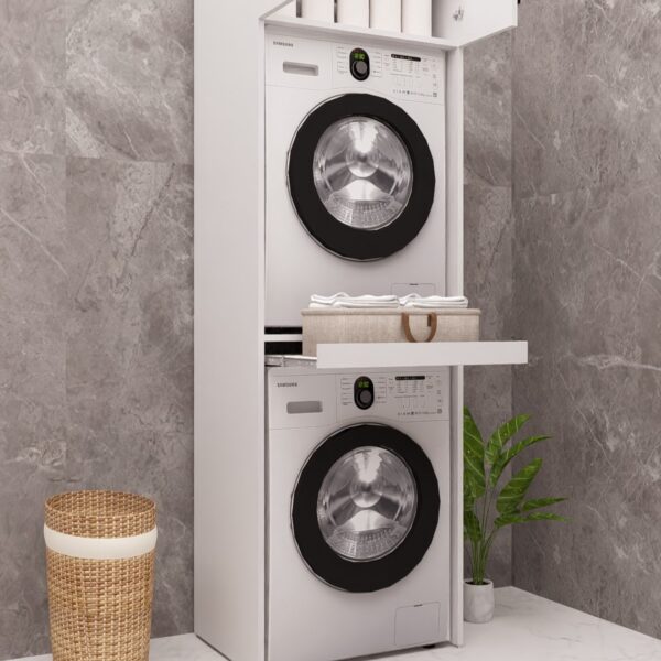 MDF ÇAMAŞIR MAKİNESİ VE KURUTMA MAKİNESİ DOLABI ÇEKMECELİ 210 BEYAZ DEMİRBAL MOBİLYA