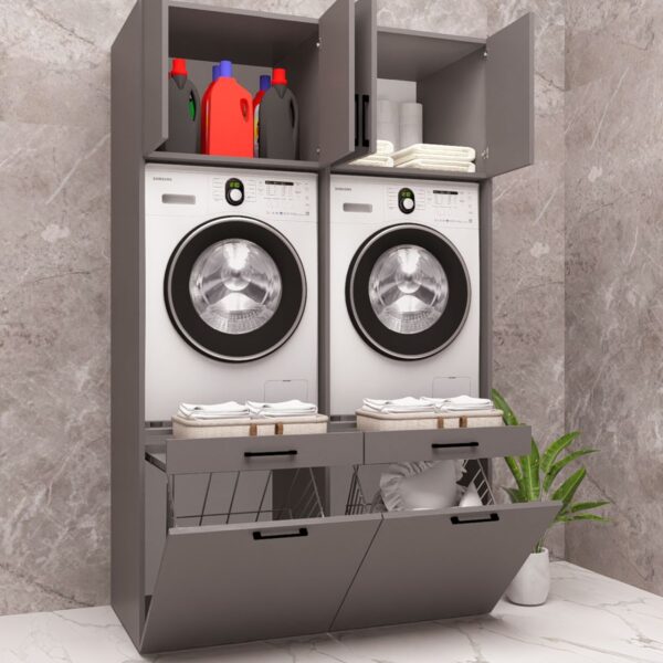 MDF ÇİFT SEPETLİ ÇAMAŞIR MAKİNESİ VE KURUTMA MAKİNESİ DOLABI ÇEKMECELİ ANTRASİT DEMİRBAL MOBİLYA