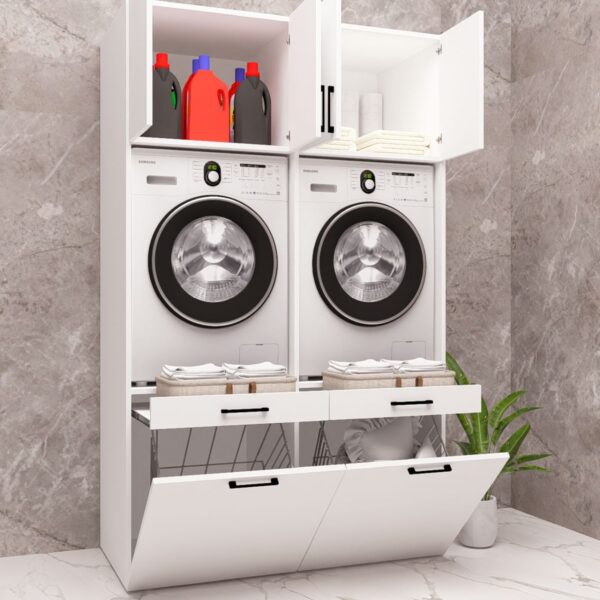 MDF ÇİFT SEPETLİ ÇAMAŞIR MAKİNESİ VE KURUTMA MAKİNESİ DOLABI ÇEKMECELİ BEYAZ DEMİRBAL MOBİLYA