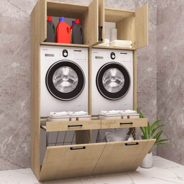MDF ÇİFT SEPETLİ ÇAMAŞIR MAKİNESİ VE KURUTMA MAKİNESİ DOLABI ÇEKMECELİ AHŞAP LEFKAS MEŞE DEMİRBAL MOBİLYA