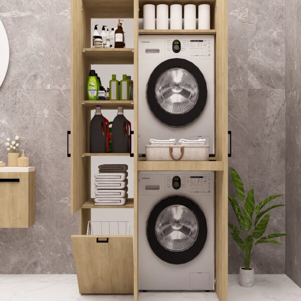 MDF SEPETLİ KAPAKLI ÇAMAŞIR MAKİNESİ VE KURUTMA MAKİNESİ DOLABI ÇEKMECELİ AHŞAP LEFKAS MEŞE DEMİRBAL MOBİLYA