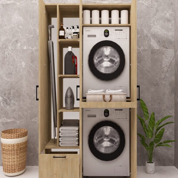 MDF ÜTÜ MASALI KAPAKLI ÇAMAŞIR MAKİNESİ VE KURUTMA MAKİNASI DOLABI ÇEKMECELİ AHŞAP LEFKAS MEŞE DEMİRBAL MOBİLYA