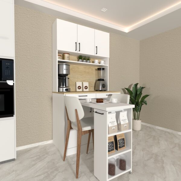 TEKERLEKLİ 2 KİŞİLİK AÇILIR MASA VE KAHVE KÖŞESİ AHŞAP LEFKAS MEŞE-BEYAZ DEMİRBAL MOBİLYA