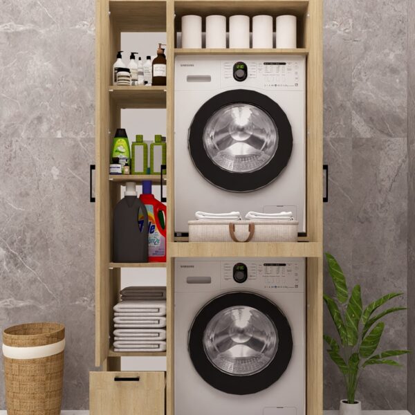 MDF ÇEKMECELİ KAPAKLI ÇAMAŞIR MAKİNESİ VE KURUTMA MAKİNESİ DOLABI ÇEKMECELİ AHŞAP LEFKAS MEŞE DEMİRBAL MOBİLYA