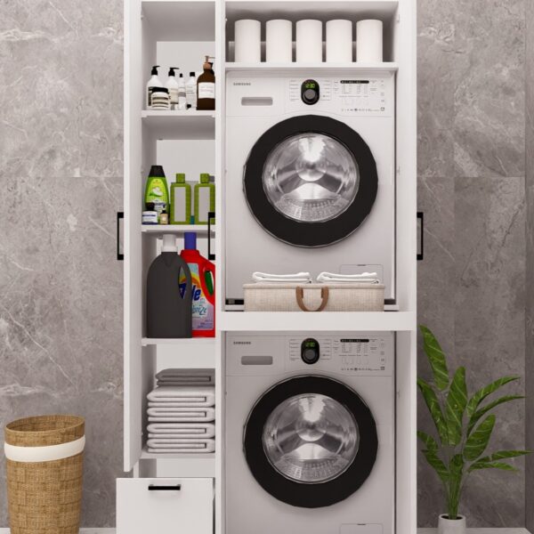 MDF ÇEKMECELİ KAPAKLI ÇAMAŞIR MAKİNESİ VE KURUTMA MAKİNESİ DOLABI ÇEKMECELİ BEYAZ DEMİRBAL MOBİLYA