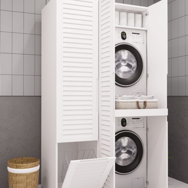 LAKE PANJUR KAPAK SEPETLİ KAPAKLI MDF ÇAMAŞIR MAKİNESİ VE KURUTMA MAKİNESİ DOLABI ÇEKMECELİ BEYAZ DEMİRBAL MOBİLYA
