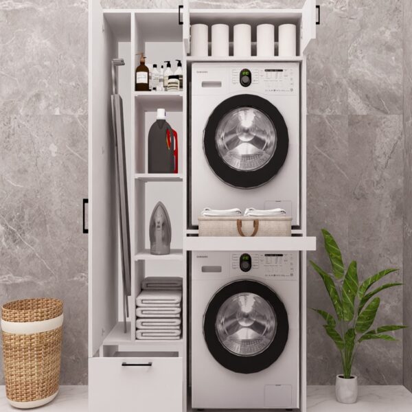 MDF ÜTÜ MASALI ÇAMAŞIR MAKİNESİ VE KURUTMA MAKİNESİ DOLABI ÇEKMECELİ BEYAZ DEMİRBAL MOBİLYA