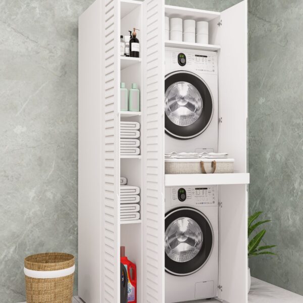 LAKE PANJUR KAPAK STANDART KAPAKLI MDF ÇAMAŞIR MAKİNESİ VE KURUTMA MAKİNESİ DOLABI ÇEKMECELİ BEYAZ DEMİRBAL MOBİLYA