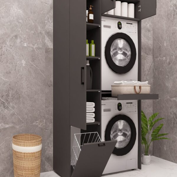 MDF SEPETLİ ÇAMAŞIR MAKİNESİ VE KURUTMA MAKİNESİ DOLABI ÇEKMECELİ ANTRASİT DEMİRBAL MOBİLYA