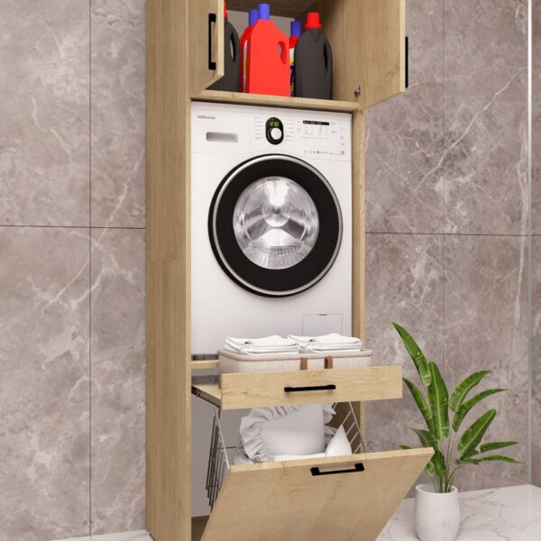 MDF TEK SEPETLİ ÇAMAŞIR VE KURUTMA MAKİNASI DOLABI ÇEKMECELİ AHŞAP LEFKAS MEŞE DEMİRBAL MOBİLYA