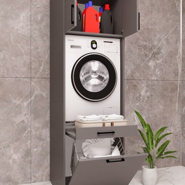 MDF TEK SEPETLİ ÇAMAŞIR MAKİNESİ VE KURUTMA MAKİNESİ DOLABI ÇEKMECELİ ANTRASİT DEMİRBAL MOBİLYA