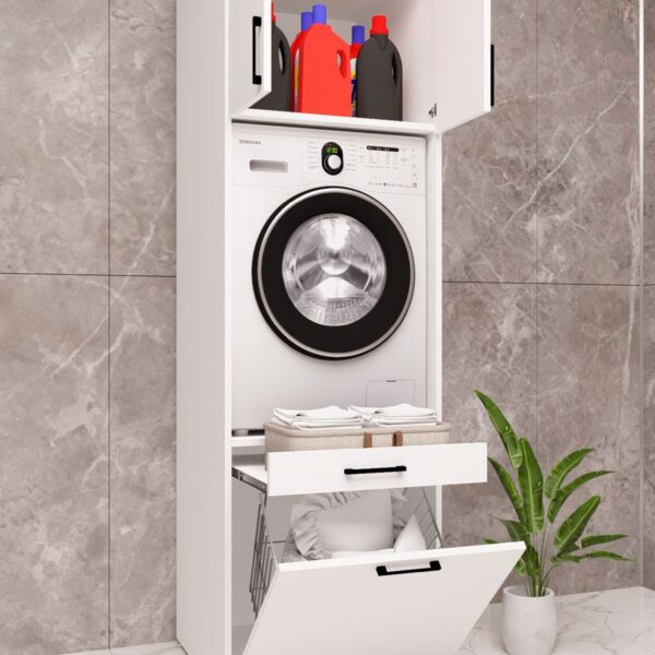 MDF TEK SEPETLİ ÇAMAŞIR MAKİNESİ VE KURUTMA MAKİNESİ DOLABI ÇEKMECELİ BEYAZ DEMİRBAL MOBİLYA