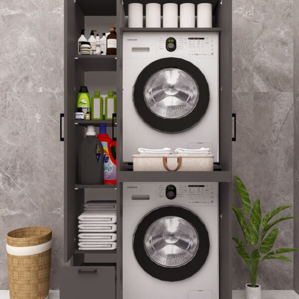 MDF ÇEKMECELİ KAPAKLI ÇAMAŞIR MAKİNESİ VE KURUTMA MAKİNESİ DOLABI ÇEKMECELİ ANTRASİT DEMİRBAL MOBİLYA