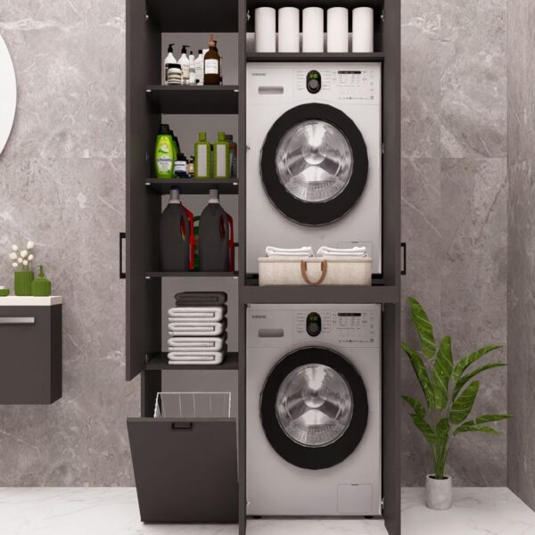 MDF SEPETLİ KAPAKLI ÇAMAŞIR MAKİNESİ VE KURUTMA MAKİNESİ DOLABI ÇEKMECELİ ANTRASİT DEMİRBAL MOBİLYA