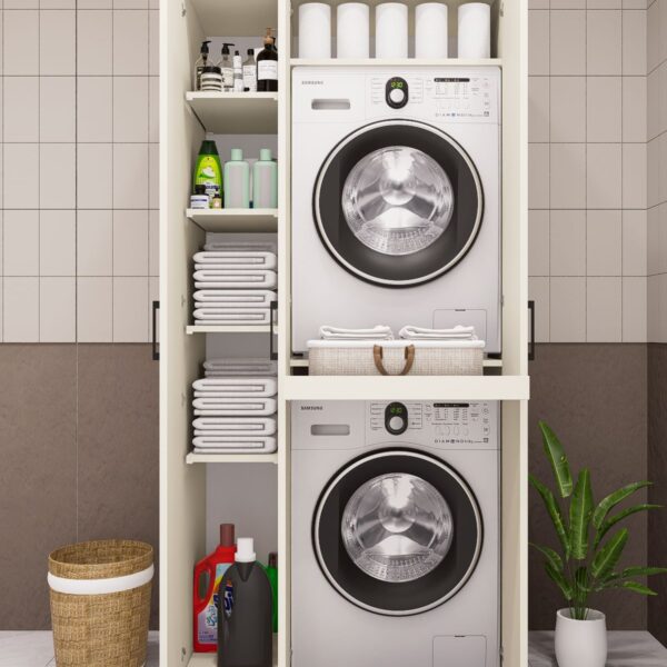 MDF STANDART KAPAKLI ÇAMAŞIR MAKİNESİ VE KURUTMA MAKİNESİ DOLABI ÇEKMECELİ AYTAŞI KREM DEMİRBAL MOBİLYA